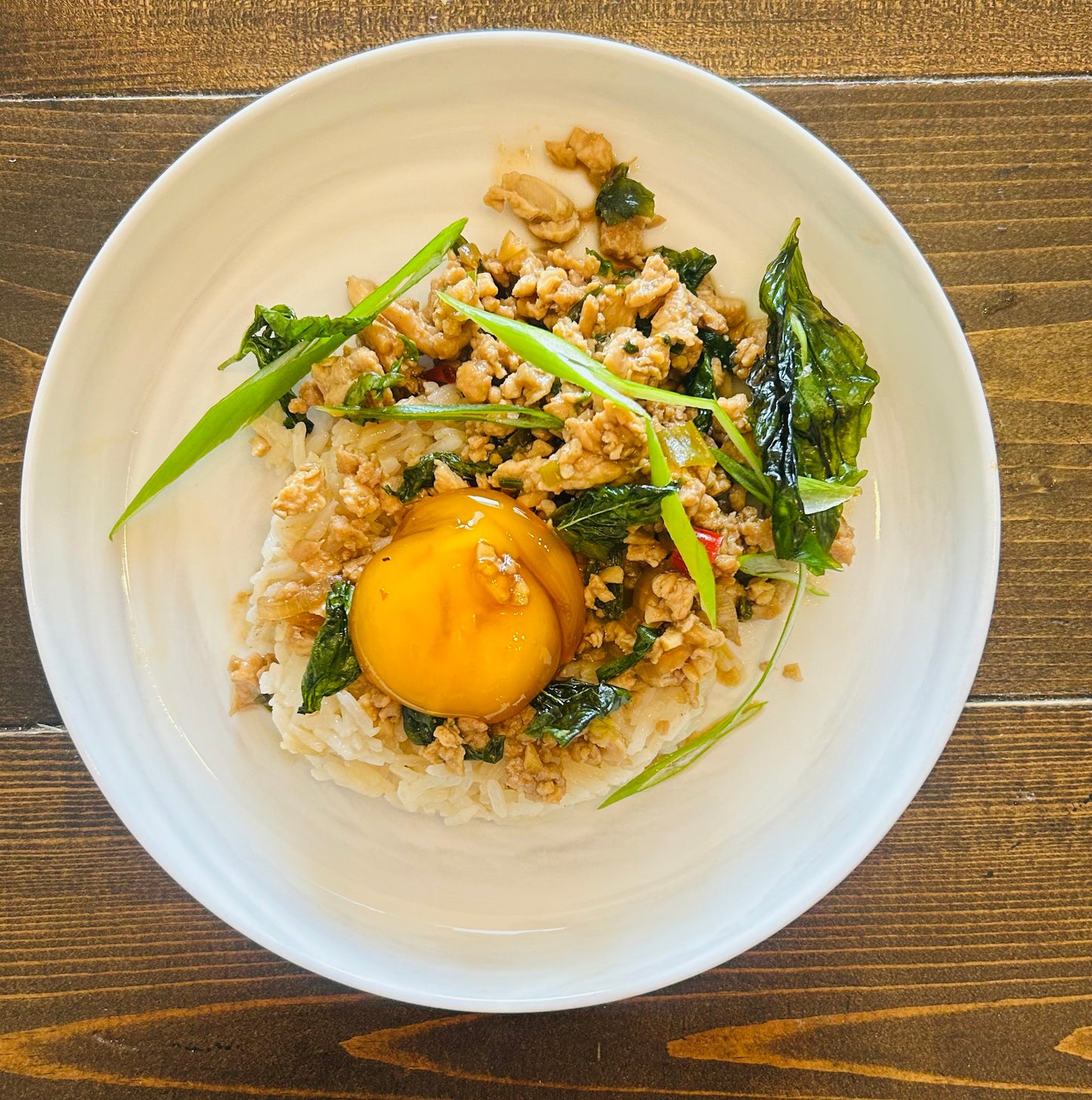 (Pad Kra Pao) Holy Basil Chicken Stir-Fry with Honey Soy Egg Yolk + Jasmine Rice π π³ πΏ