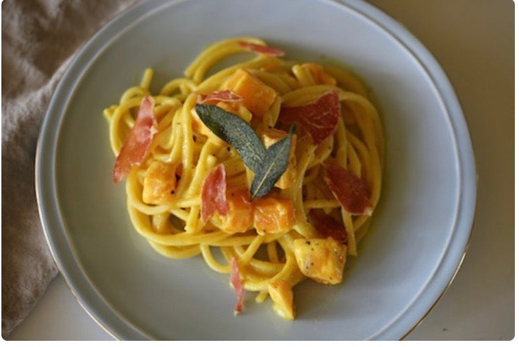 Bucatini, Velvety Squash Sauce, Brown Butter, Sage, Prosciutto