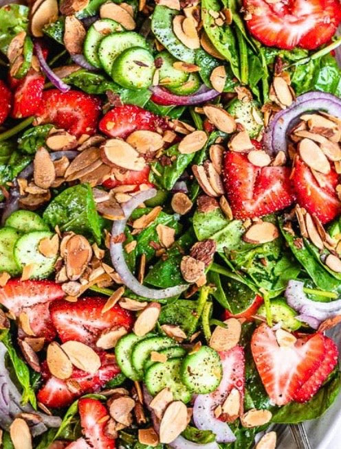 Strawberry Salad 🍓                        Strawberry Pink Peppercorn, Vinaigrette, Candied Almonds 
Goat Cheese, Balsamic glaze