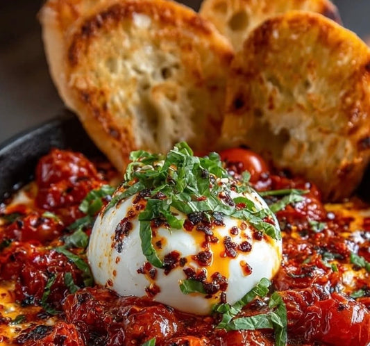 Burrata, Blistered Tomatoes, Chopped Olives, Toasted Bread, Herbs and Olive Oil