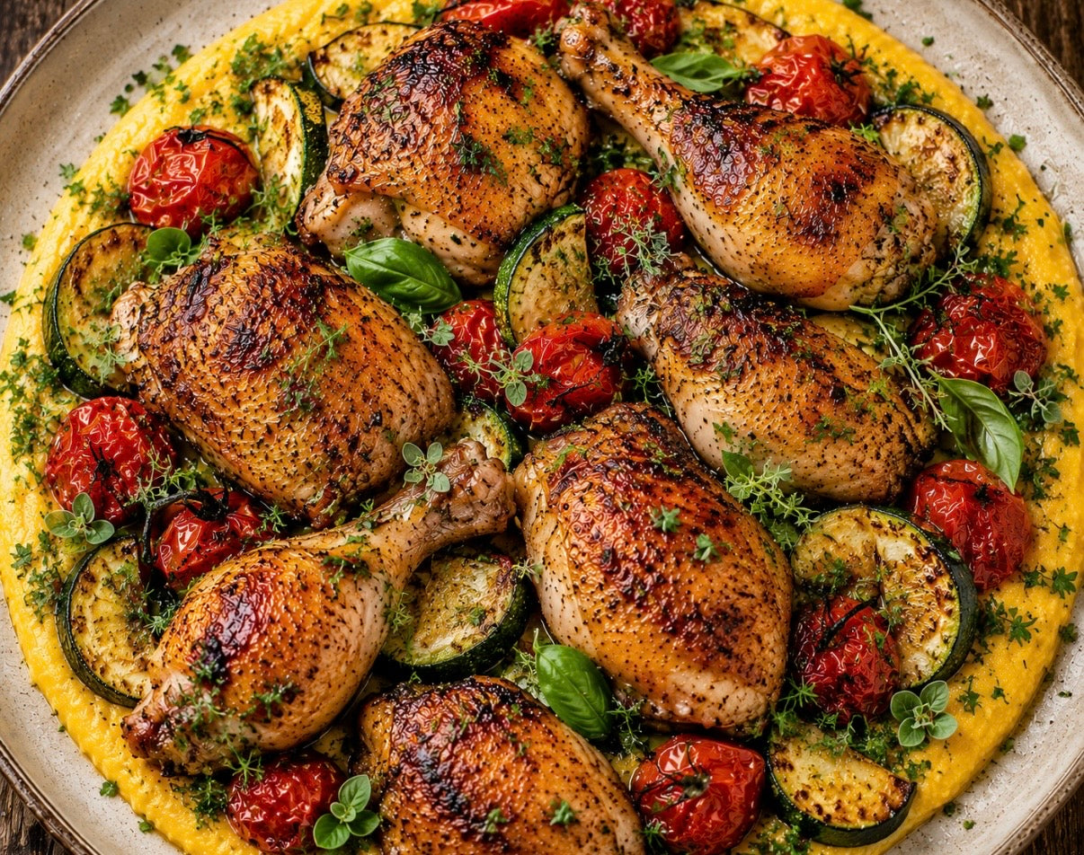 🍋🍗8 Piece Roasted Lemon Saffron Chicken Meal Kit. Creamy Polenta, Blistered Tomatoes, Roasted Zucchini, Fresh Herbs, Lemon