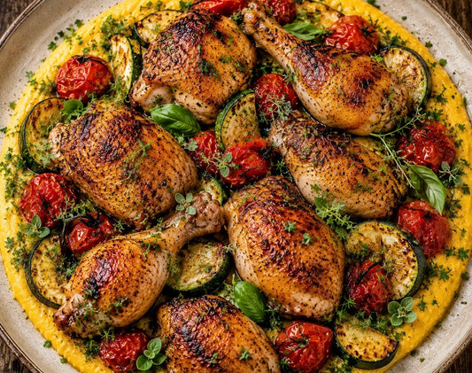 🍋🍗8 Piece Roasted Lemon Saffron Chicken Meal Kit. Creamy Polenta, Blistered Tomatoes, Roasted Zucchini, Fresh Herbs, Lemon