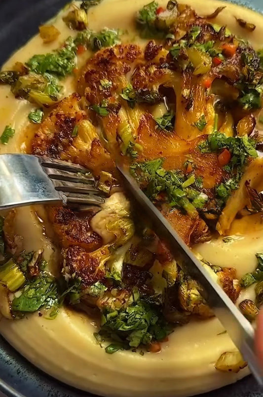 Roasted Cauliflower, Miso White Bean Purée