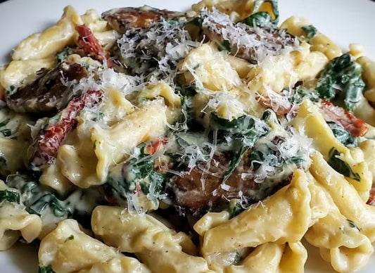 READY MADE(just reheat and enjoy)!                              Campanelle Pasta in a Mushroom Cream Sauce with Sundried Tomatoes 🍅 🍄‍🟫