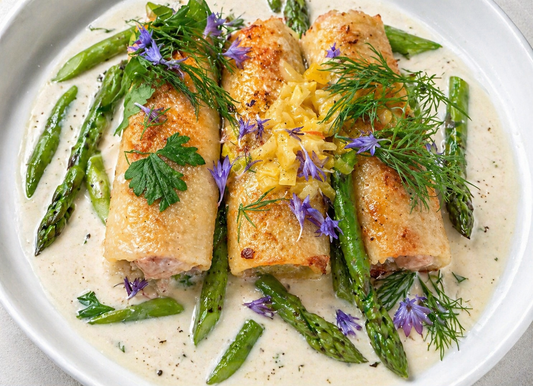 Ricotta, Mascarpone Cannelloni, White Wine Cream Sauce, Local Asparagus, Fresh Herbs 🌿