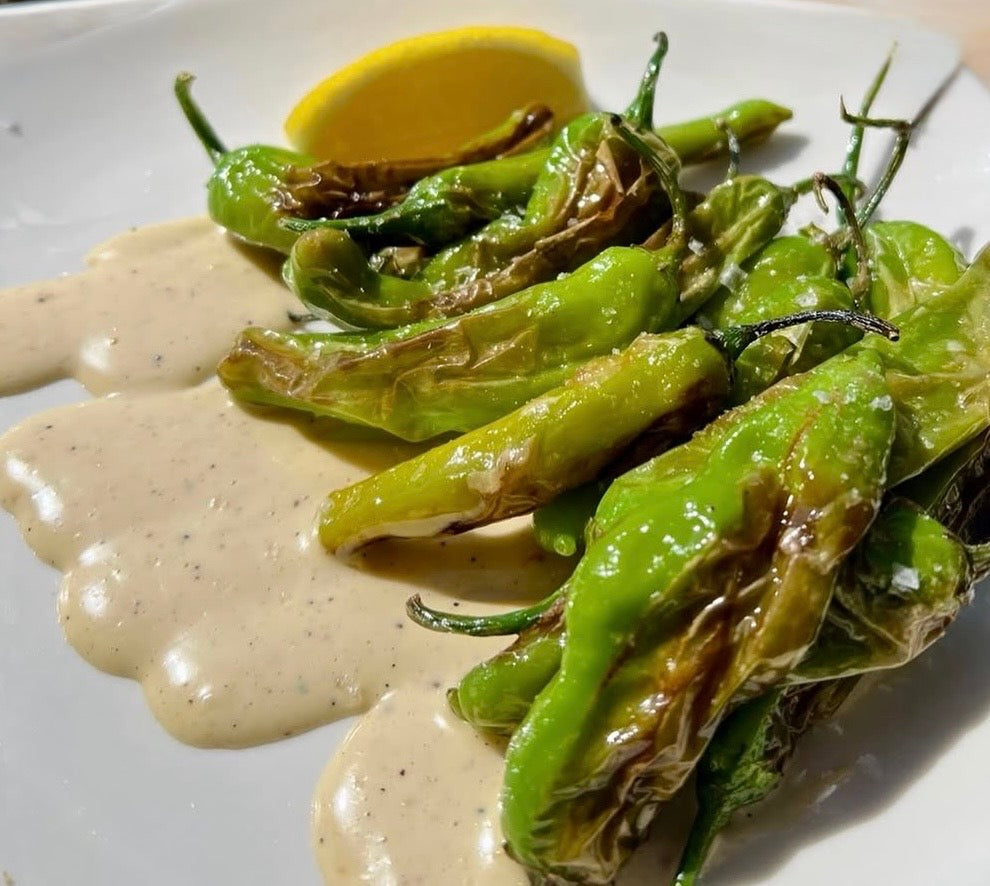 Blistered Shishito Peppers, Roasted Eggplant And Miso Aioli, Flakey Salt, Fried Shallots, and Lemon